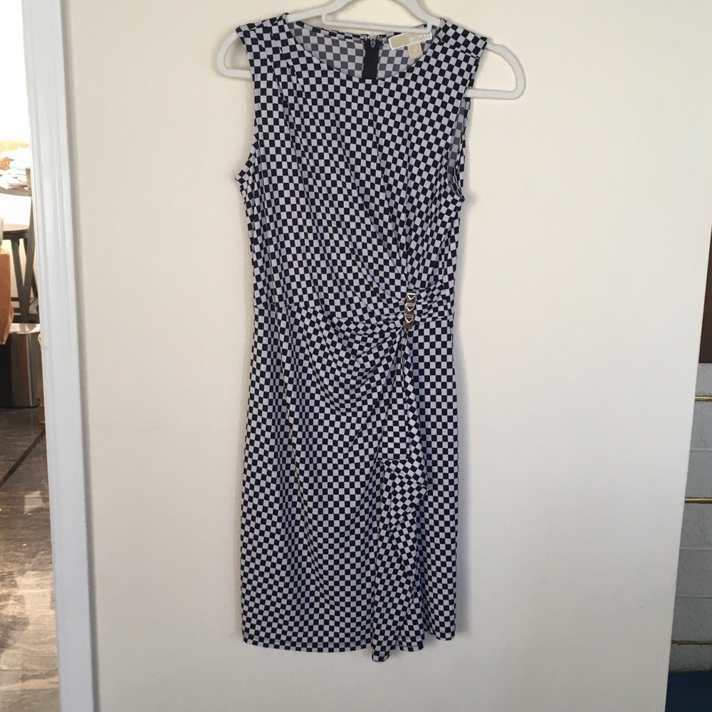 Sleeveless Black & White Check Dress with Side Drape